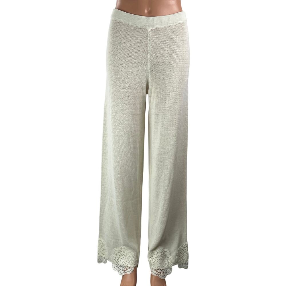Meshki Women's White High Rise Knit Semi Sheer Wide Leg Trousers Pants Size S